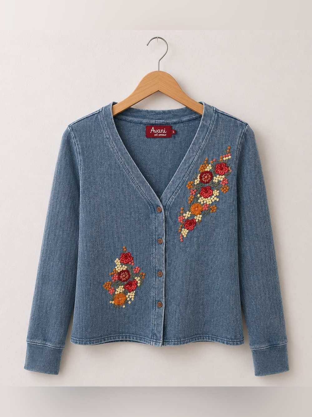 Avani Del Amour Boho Ribbed Denim-Blue Floral Embroidered Button Down Cardigan